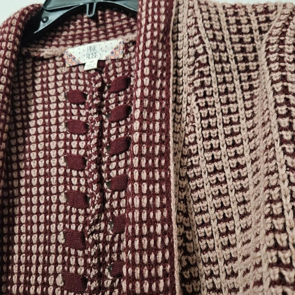 Pink Rose Womens XS Burgundy Mauve Waffle Knit Open Front Cardigan‎